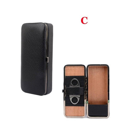 Luxury  Black Leather Cigar Case Cedar Lined Cigar Holder Mini Humidor With Cutter